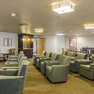 A modern waiting room with multiple armchairs arranged in rows, featuring neutral colors and contemporary lighting fixtures.
