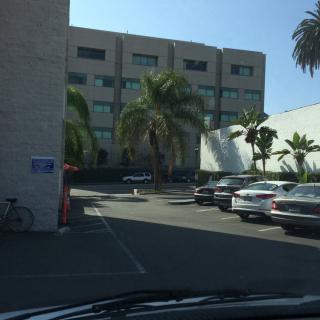 A parking lot with several cars and palm trees in front of a large building on a sunny day.