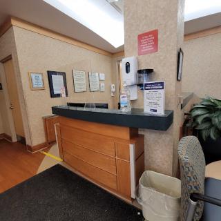 A view of the reception area in an office, featuring a wooden counter and some decorative plants.