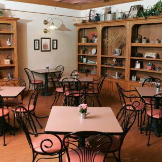 A cozy cafe interior with metal chairs and decorative bookshelves.