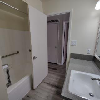 A modern bathroom with a sink, mirror, and bathtub.