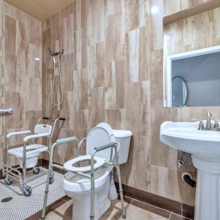 Accessible bathroom with handrails and shower area.