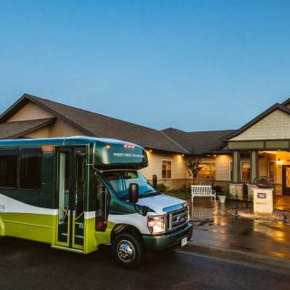 A green and white bus parked outside a building in the evening.