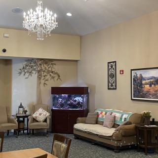 A cozy living room with a chandelier, sofa, and an aquarium.