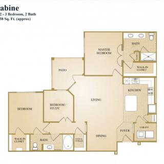 Architectural floor plan of a two-bedroom, one-bathroom apartment.