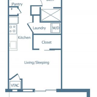 Studio apartment floor plan featuring a kitchen, living/sleeping area, and laundry amenities.
