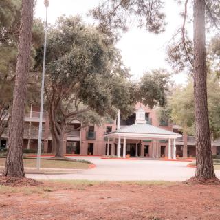 A building surrounded by tall pine trees with a prominent entrance and paved pathway.