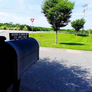 A mailbox stands by the roadside, surrounded by green lawns and trees under a clear blue sky.