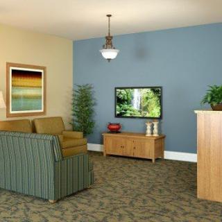 A cozy living room with a sofa and television, featuring modern interior design elements.