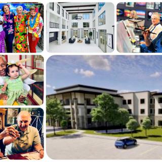 A vibrant senior living community showcasing activities, modern architecture, and joyful residents.