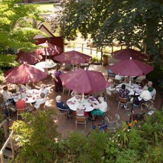 Outdoor dining area with tables and umbrellas surrounded by greenery.