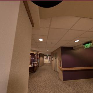 A carpeted hallway with overhead lighting and an exit sign.