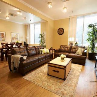 A cozy and elegantly designed living room featuring comfortable leather sofas, a stylish coffee table, and lush indoor plants.
