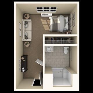 A 3D floor plan of a compact studio apartment featuring a living area, bed space, and bathroom.