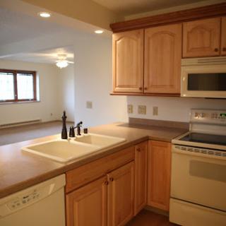 A modern kitchen featuring wooden cabinets, stainless steel appliances, and a spacious countertop.