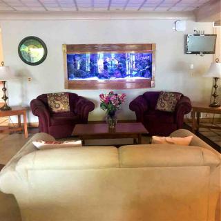 A cozy living room featuring a beige sofa and two red armchairs, centered around a wooden coffee table, with an aquarium mounted on the wall.