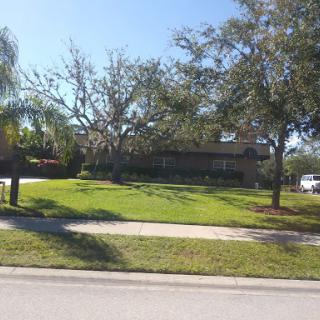 A charming suburban home with a well-maintained front yard and trees under a clear blue sky.