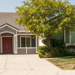 A suburban house with a red door, tree, and driveway.