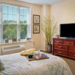 A cozy bedroom with a neatly made bed, a television on a wooden dresser, and natural light coming through the window.