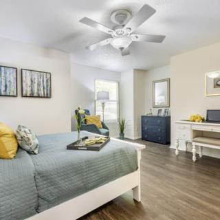 A modern bedroom with stylish decor, featuring a comfortable bed, ceiling fan, and a workspace.
