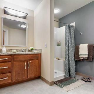 A modern bathroom with a wooden cabinet, mirror, and shower area.