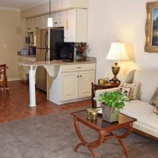 A cozy living room connected to a kitchen, featuring comfortable seating, stylish decor, and warm lighting.