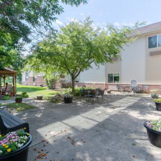 A tranquil outdoor patio area with benches and trees next to a building.