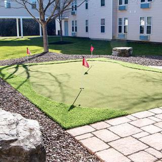 A small outdoor mini golf course with artificial turf and golf flags, set in a residential landscaped area on a sunny day.