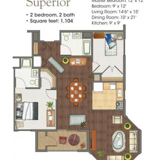 Floor plan of a superior apartment with 2 bedrooms, 2 baths, and an open living and dining area.