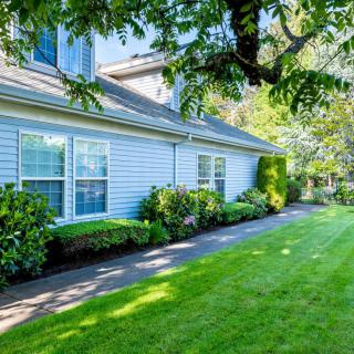 A suburban house with a well-maintained lawn and lush trees under bright sunlight.