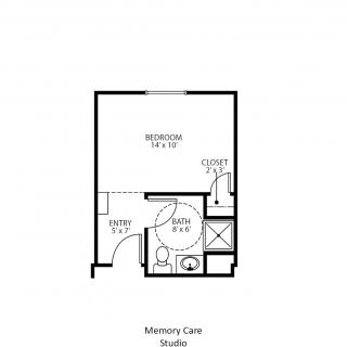 Studio apartment floor plan with bathroom, kitchen, and closet.