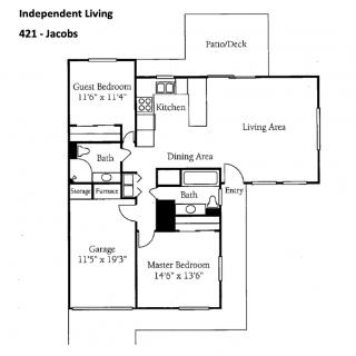 This image is a floor plan for an independent living apartment featuring two bedrooms, a garage, and a spacious living area.