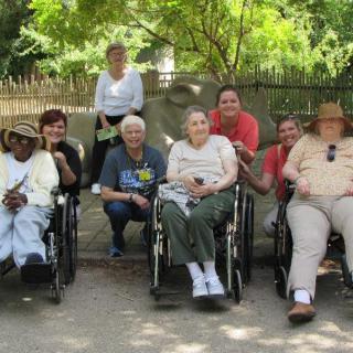 A group of people enjoying a sunny day outdoors, some seated in wheelchairs.