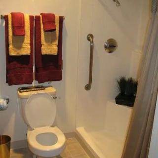 A clean bathroom featuring a toilet, shower with grab bar, and neatly arranged towels.