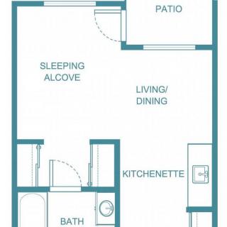Floor plan of a studio apartment featuring a sleeping alcove, living/dining area, kitchenette, bath, and patio.