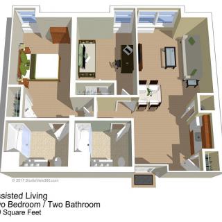 A 3D floor plan showing a two-bedroom, two-bathroom apartment with an open concept living area.
