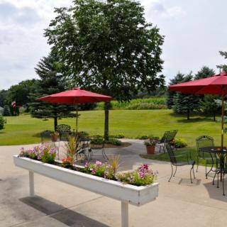 Outdoor patio area with tables and red umbrellas surrounded by a green garden and trees.
