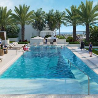 A luxurious swimming pool surrounded by palm trees, perfect for a relaxing vacation.