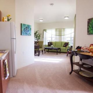 A cozy living room with a view from the adjacent kitchen, featuring comfortable seating and elegant decor.