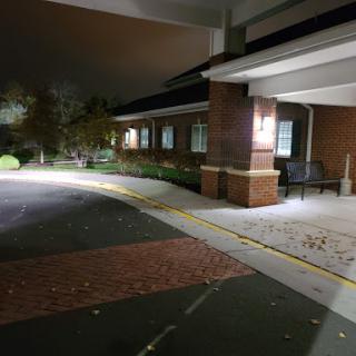 A quiet night scene featuring a well-lit pathway leading to a building, surrounded by greenery.