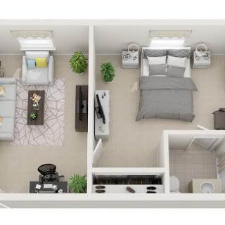 A top-down view of a compact apartment layout featuring a bedroom and living area.