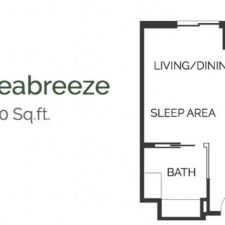 Floor plan of a studio apartment with designated living/dining, sleep area, and bath.