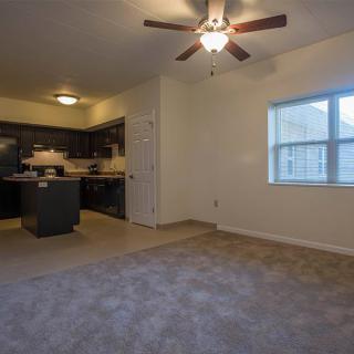 Spacious apartment with an open floor plan connecting the living room and kitchen.