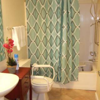 A well-decorated bathroom with a patterned shower curtain and elegant fixtures.