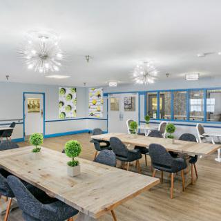 A modern and inviting office workspace featuring wooden tables, stylish chairs, and ample natural light.