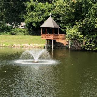 A peaceful pond with a fountain and gazebo surrounded by greenery.