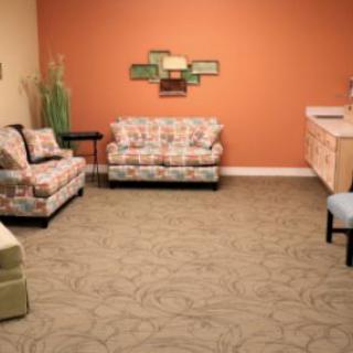 A modern living room with sofas and armchairs arranged around an orange accent wall.