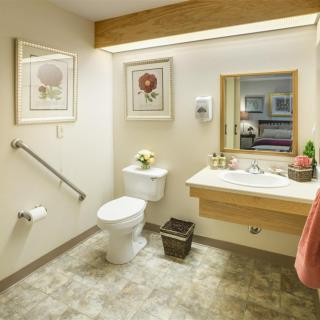 A well-decorated bathroom with a toilet, sink, and mirror, featuring floral wall art.