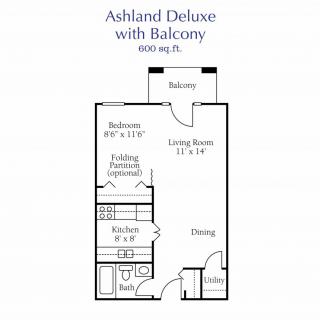 Ashland Deluxe apartment floor plan with balcony, featuring a one-bedroom layout.