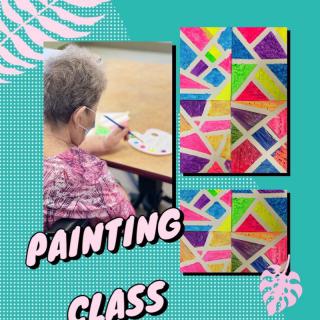 An engaging painting class showcases colorful geometric artwork.